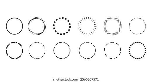 Set of circle shapes with dashed lines, Dashed and dotted circle icon. Black and white broken rings. Dotted round lines, Cut here pictograms for coupons or tags. Vector outline.