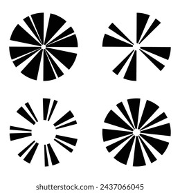 Set of circle shapes. Set of monochrome white circle with black rays. Abstract hypnotic lines in form of stripes in form of circle. Geometric logo. Design element