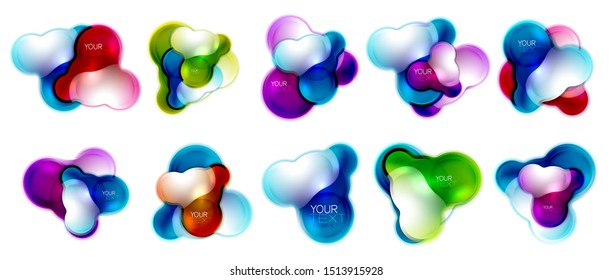 Set of circle shiny glass bubble abstract logos, or business banners for text, molecular shapes. Vector art