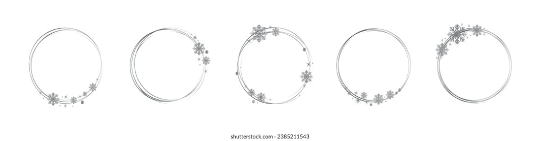 Satz silberner Rahmen mit silberner Schneeflocke. Silver glitter abstrakte runde Rahmen.Luxuriöse silberne Ränder. Rahmen mit Schneeflocken und Sternen für Logo, Symbol, Vip-Karte, Geschenk.