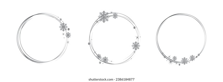 Satz silberner Rahmen mit silberner Schneeflocke. Silver glitter abstrakte runde Rahmen.Luxuriöse silberne Ränder. Rahmen mit Schneeflocken und Sternen für Logo, Symbol, Vip-Karte, Geschenk.