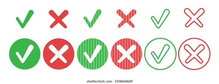 Set of circle simple web buttons: green check mark and red cross with rounded corners. Vector illustration isolated on white background.