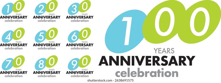 set of circle sky blue and lime green color number 10 20 30 40 50 60 70 80 90 100 and the words YEARS ANNIVERSARY celebration at the bottom.