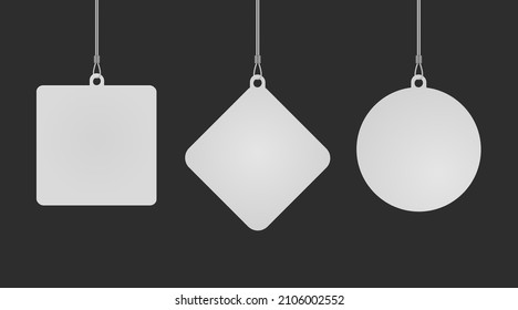 Set of circle, square and diamond danglers hanging from ceiling realistic mockup. Mock up of advertising promotion pointer for supermarket sale announcement on dark background. Mall store vector