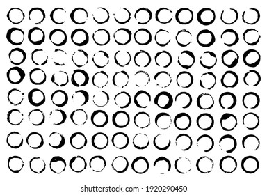 Set of circle stamps textures drawn by ink. Black and white vector background