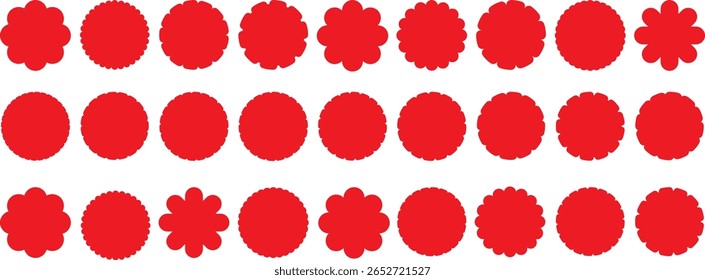 Set of circle sticker, wavy edge promo red badges, starburst shape tags for price with shadow, starburst speech bubbles, sun ray frames for design and decoration, wavy edge circle sticker 