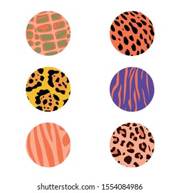 Set of circle stickers in animal print graphic style. Designed for BuJo (bullet journal), planners, diaries, calendars, card templates, posters, flyers and other design.