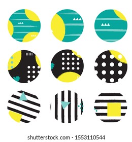 Set of circle stickers in modern abstract graphic style. Trendy color palette. Designed for BuJo (bullet journal), planners, diaries, calendars, card templates, posters, flyers and other design.