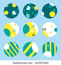 Set of circle stickers in modern abstract graphic style. Trendy color palette. Designed for BuJo (bullet journal), planners, diaries, calendars, card templates, posters, flyers and other design.