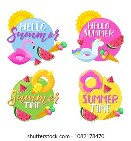 Set of circle summer stickers, badges, labels and tags. Hello summer vector illustration. Holiday, travel, beach vacation, pool party design elements.