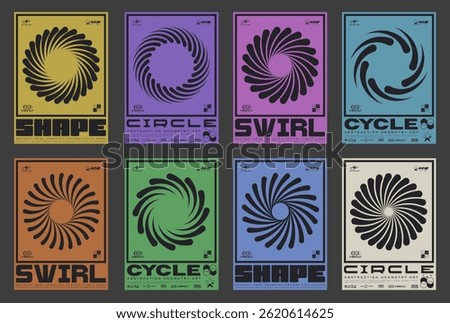 Set Of Circle Sun Shine Abstract Shape Posters. Swiss Design Placard. Brutalist Circular Swirl Forms. Geometric Optical Illusion Round Figure.