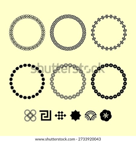 set of circle symbols design style. Bundle of circle pattern elements for poster, frame, gift card, magazine. Decorative circle elements and traditional symbols.