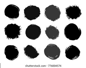 Set of circle textured abstract black ink strokes. Vector illustration. Isolated on white background