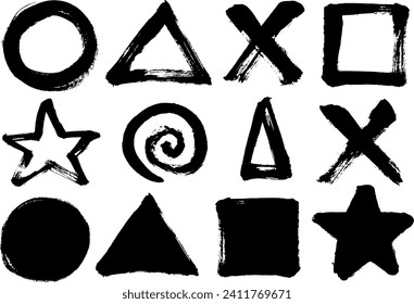 A set of circle, triangle, square, cross, and star symbols drawn with a brush.