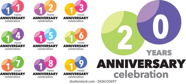 set of circle various color number 11 12 13 14 15 16 17 18 19 20 and the words YEARS ANNIVERSARY celebration at the bottom.