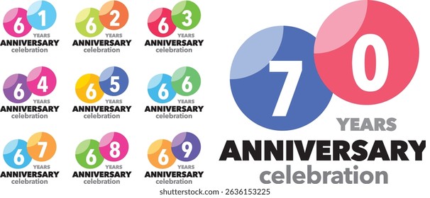 set of circle various color number 61 62 63 64 65 66 67 68 69 70 and the words YEARS ANNIVERSARY celebration at the bottom.
