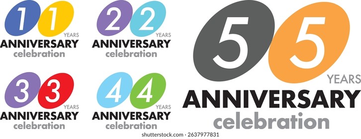 set of circle various color number 11 22 33 44 55 and the words YEARS ANNIVERSARY celebration at the bottom.