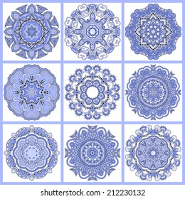 set of circle winter ornament, round geometric pattern, christmas snowflake decoration