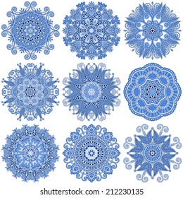 set of circle winter ornament, round geometric pattern, christmas snowflake decoration