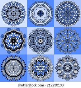 set of circle winter ornament, round geometric pattern, christmas snowflake decoration