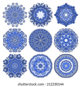 set of circle winter ornament, round geometric pattern, christmas snowflake decoration