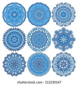 set of circle winter ornament, round geometric pattern, christmas snowflake decoration
