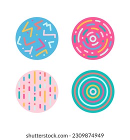 Set of circles with abstract linear patterns in memphis style. Trend patterns with lines and dots. Drawn by hand. Vector illustration in children's style. Trendy design with basic shapes