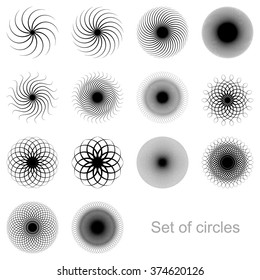 Set of circles of bent lines. Black lines are reduced in thickness to form a grid. Vector EPS10.
