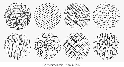 Set of circles with different pencil hatching, patterns. Doodle hand-drawn elements, spirals, crosshatch, lines, scratches. Chaotic vector strokes.