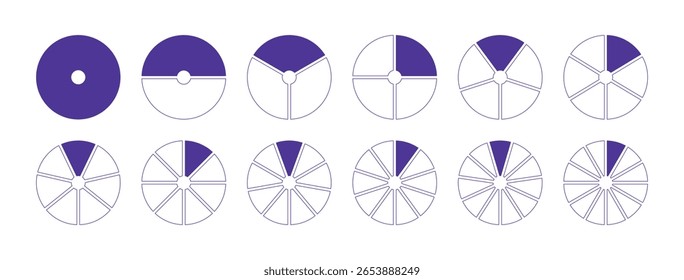 Conjunto de círculos dividido diagramas 1, 2, 3, 10, 7, 8, 9, 10, 11, 12 partes iguais. Pizza de gráfico Lilac, ícones de gráficos de seção de forma de pizza. Coaching de modelos em branco. Infográfico de divisão de roda de segmentos.