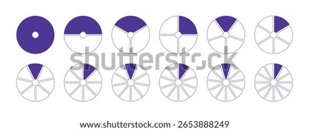 Set of circles divided diagrams 1, 2, 3, 10, 7, 8, 9, 10, 11, 12 equal parts. Lilac graph pie, pizza shape section charts icons. Coaching blank templates. Segments wheel round divide infographic.