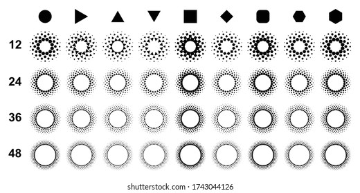 set of circles with dots, triangles, quadrats and hexagons in halftone effect. Can use as background, logo or icon