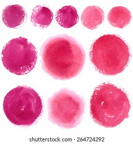 Set of circles drawn with paint on paper. Vector watercolor stains. Background for text and buttons. Bright splashes of paint on a white background