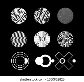 Set of circles with glitch generative art pattern. Universal abstract elements for poster, cover, logotype design.