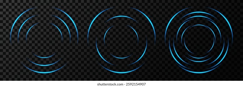 Set of circles. Glowing blue round neon frame.On a transparent background.