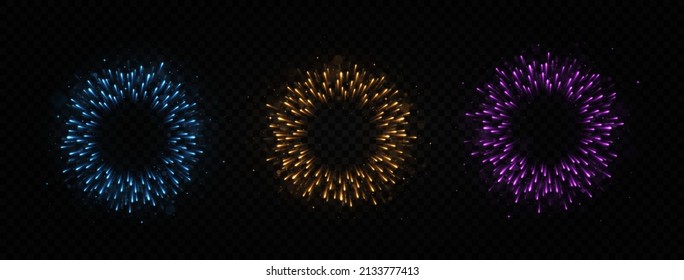 Set of circles glowing stars or comets moving from center to the edge with super fast motion effect. Falling lights or neon rays. Blurred stars light in lines.