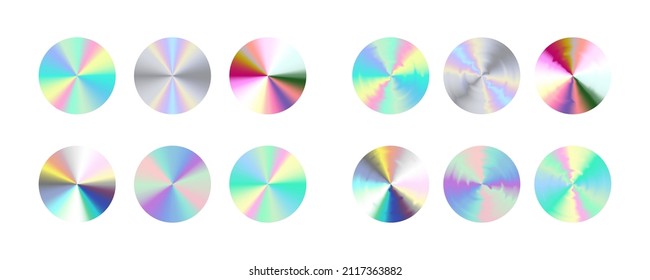 Set of circles with gradient holographic background. Round holographic shapes. Metal texture. Compact disk or CD-ROM surface. Mirror effect. Holographic texture. Neon bright colors.