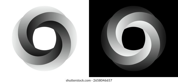 Set of circles with gradient. One spiral on white background and negative spiral on black background. Dynamic design element with 4 parts.