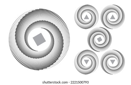 Set of circles with halftone black dotted lines with triangles and squares as background or logo or icon. Vector-art illustration.