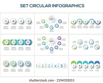 Stellen Sie die Kreise mit Infografiken in 3, 4, 7 Schritten, Optionen, Teilen oder Prozessen ein. Visualisierung von Geschäftsdaten.