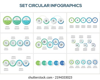 Stellen Sie Kreiselinfografien mit 3, 4, 5, 6 Schritten, Optionen, Teilen oder Prozessen ein. Visualisierung von Geschäftsdaten.