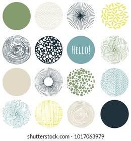 Set of circles and leaves, pastel green, yellow, gold, blue-green and black isolated on white background. Modern and stylish greeting card, wall art, poster design.