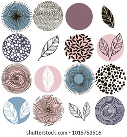 Set of circles and leaves, pastel pink, 
purple, brown, blue-green and black isolated on white background. Modern and stylish greeting card, wall art, poster design. Isolated on white background.