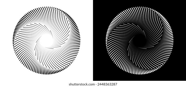 Set of circles with lines. Black spiral on white background and white spiral on black background. Dynamic design element with 3 parts.