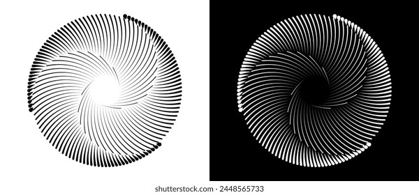 Set of circles with lines. Black spiral on white background and white spiral on black background. Dynamic design element with 3 parts.