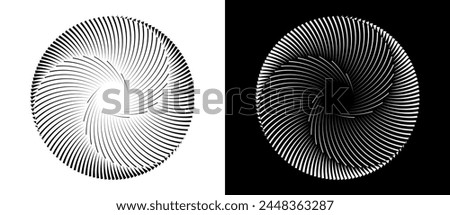Set of circles with lines. Black spiral on white background and white spiral on black background. Dynamic design element with 3 parts.