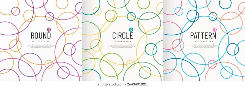 Set of circles lines colorful overlap pattern on a white background with copy space. Round circle overlap layers pattern bubble design. Random dots texture in trendy color scene. Vector illustration.