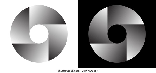 Set of circles with lines with gradient. Dynamic design element, icon or logo. One spiral on white background and negative spiral on black background.