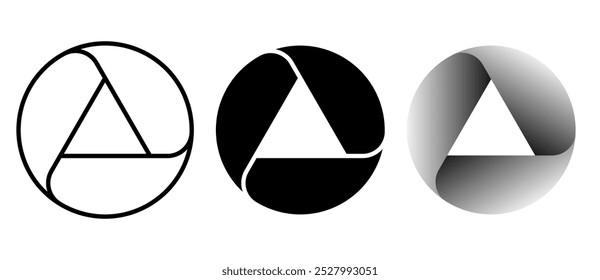 Conjunto de círculos com linhas e gradiente. Uma espiral com extremidades arredondadas em círculo como ícone, logotipo ou símbolo. Elemento de design dinâmico com 3 partes.