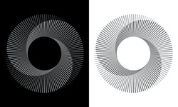 Set Of Circles With Lines. Lines In One Color With Different Opacity. Black Spiral On White Background And White Spiral On Black Background. Dynamic Design Element With 3 Parts.